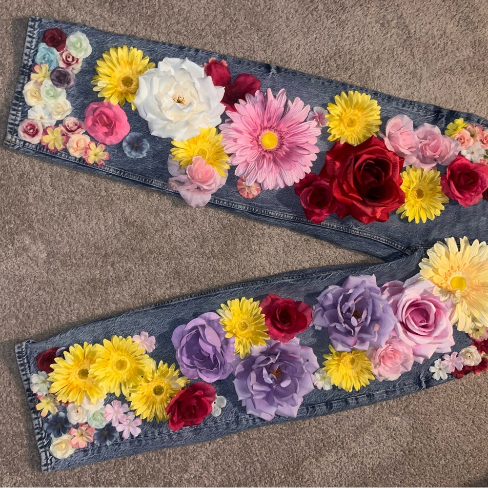 Custom hand made Floral Embellished Women's barrel Jeans